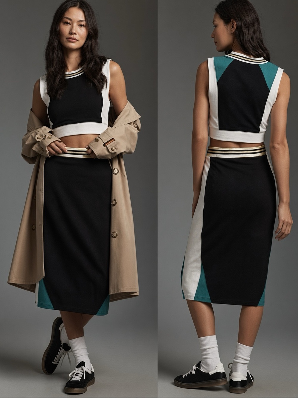 Anthropologie Daily Practice Full Court Black White Green Knit Midi Skirt XXS